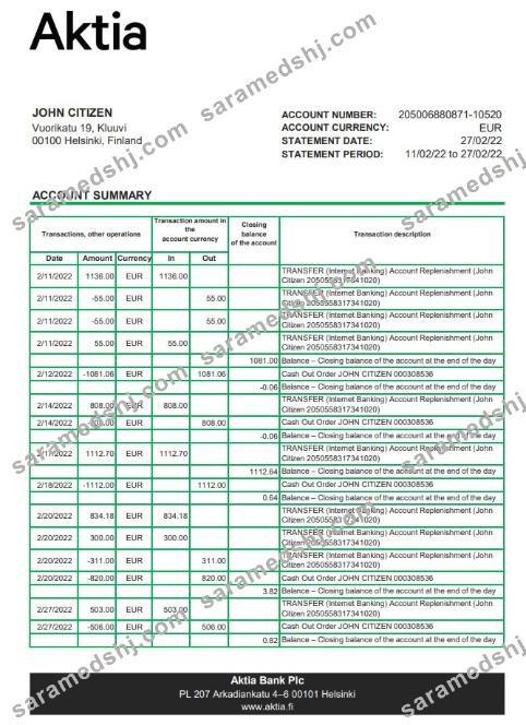 Finland Aktia bank statement
